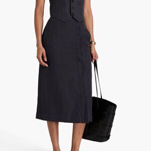 NWT ALEX MILL Agnes Midi Twill Wrap Skirt Linen Blend in Washed Black Size S